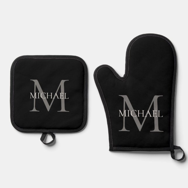 Personalised Monogram and Name Black Oven Mitt & Pot Holder Set (Front)
