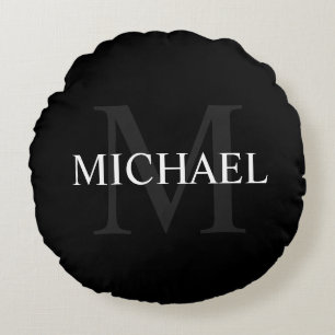 Personalised Monogram and Name Black Round Cushion