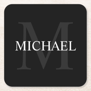 Personalised Monogram and Name Black Square Paper Coaster