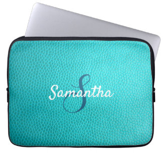 Personalised Monogram and Name Blue Leather Laptop Sleeve