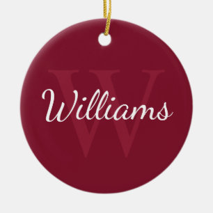 Personalised Monogram and Name Burgundy Red Ceramic Tree Decoration