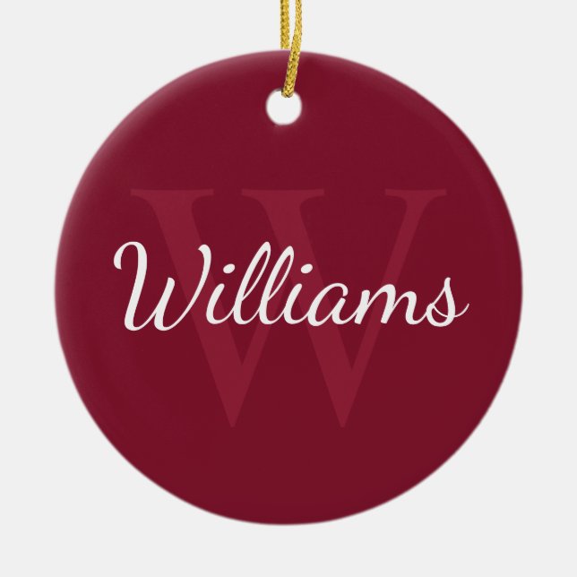 Personalised Monogram and Name Burgundy Red Ceramic Tree Decoration (Front)