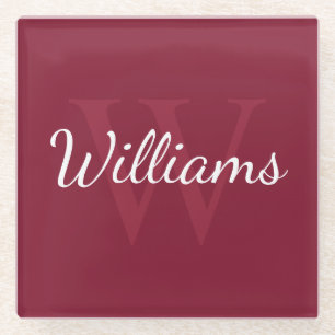 Personalised Monogram and Name Burgundy Red Glass Coaster