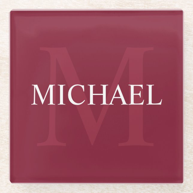 Personalised Monogram and Name Burgundy Red Glass Coaster (Front)