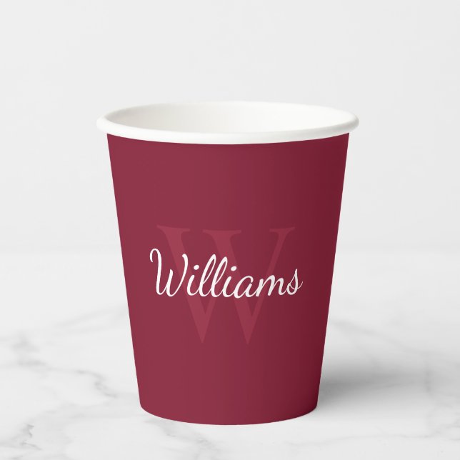 Personalised Monogram and Name Burgundy Red Paper Cups (Front)