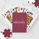 Personalised Monogram and Name Burgundy Red Playing Cards<br><div class="desc">Personalised Monogram and Name Gift
features personalised name in white and monogram in light burgundy red as background,  in classic serif font style,  
on burgundy red background.

Perfect as holiday gift,  family reunion favours,  thank you gift for groomsmen and gift for any special occasions.</div>