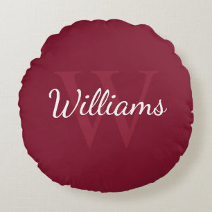 Personalised Monogram and Name Burgundy Red Round Cushion