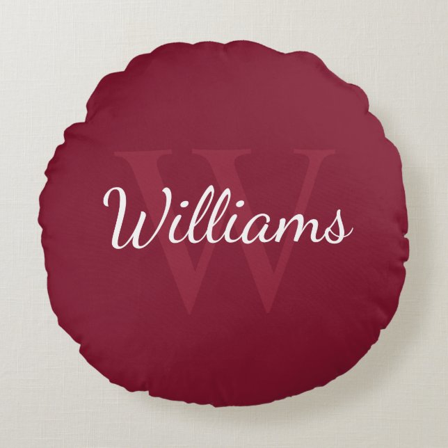 Personalised Monogram and Name Burgundy Red Round Cushion (Front)