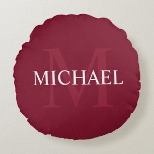 Personalised Monogram and Name Burgundy Red Round Cushion
