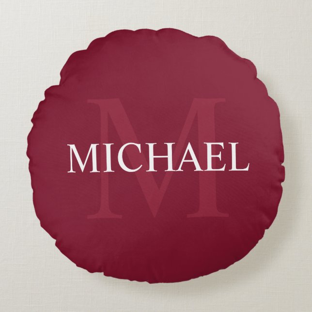 Personalised Monogram and Name Burgundy Red Round Cushion (Front)