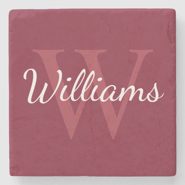 Personalised Monogram and Name Burgundy Red Stone Coaster (Front)