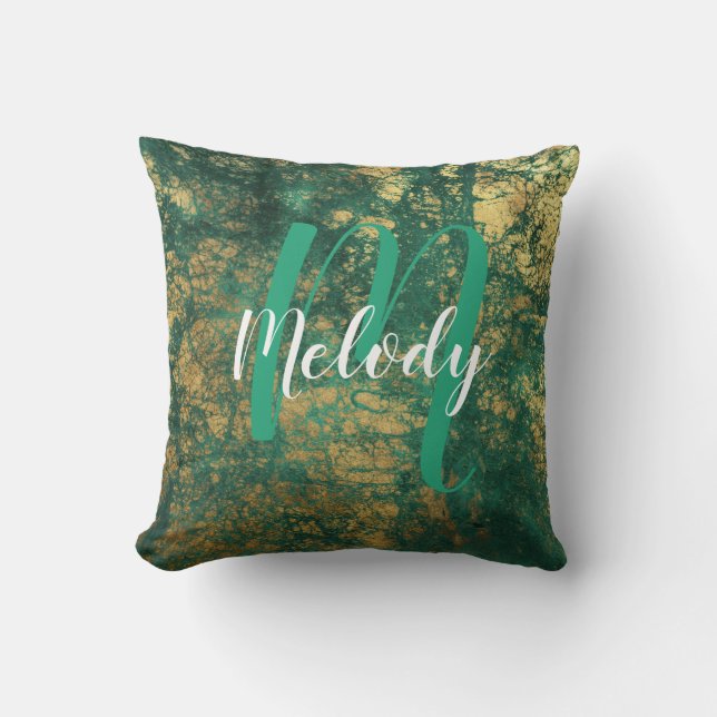 Personalised Monogram and Name Green and Gold Cushion (Front)