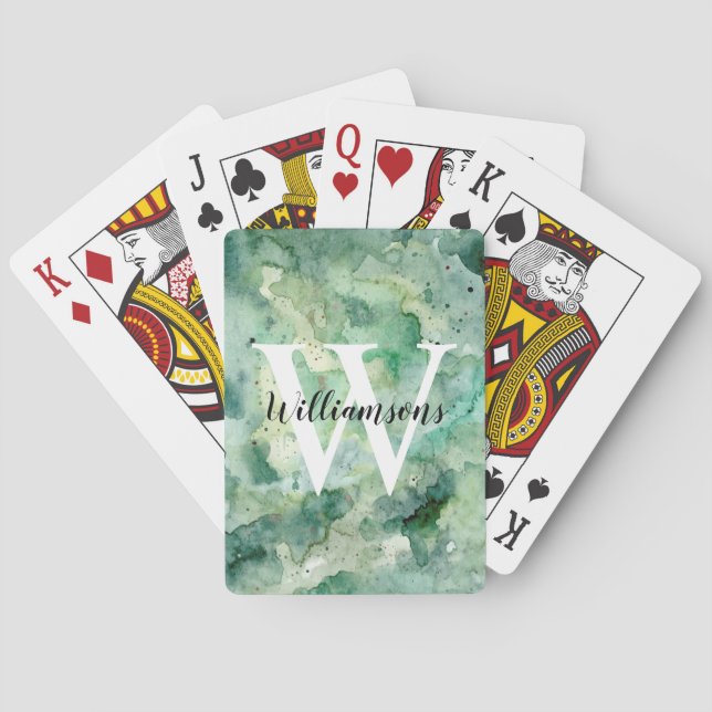 Personalised Monogram and Name Green Watercolor Playing Cards (Back)