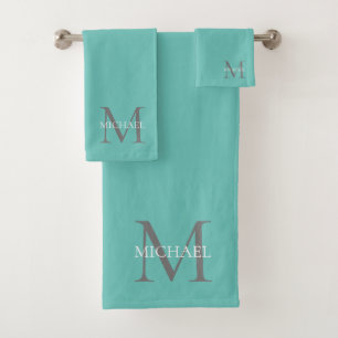 Personalised Monogram and Name Light Teal Bath Towel Set