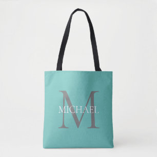 Personalised Monogram and Name Light Teal Tote Bag