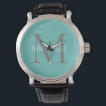 Personalised Monogram and Name Light Teal Watch<br><div class="desc">Personalised Elegant Monogram and Name Gifts featuring personalised monogram in classic serif font style with box of name in the middle of monogram.</div>