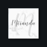 Personalised Monogram and Name Marble Canvas Print<br><div class="desc">Personalised Monogram and Family Name Gift
featuring name in grey modern script font style and monogram in light grey modern script font style as background on white marble background.</div>