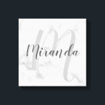 Personalised Monogram and Name Marble Canvas Print<br><div class="desc">Personalised Monogram and Family Name Gift
featuring name in grey modern script font style and monogram in light grey modern script font style as background on white marble background.</div>