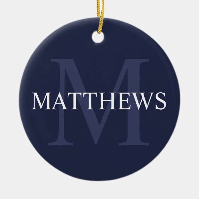 Personalised Monogram and Name Navy Blue Ceramic Tree Decoration (Front)