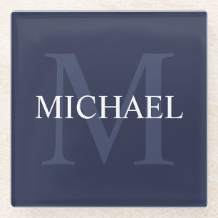 Personalised Monogram and Name Navy Blue Glass Coaster