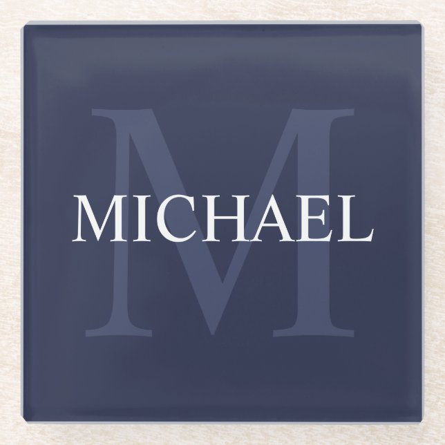Personalised Monogram and Name Navy Blue Glass Coaster (Front)