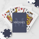 Personalised Monogram and Name Navy Blue Playing Cards<br><div class="desc">Personalised Monogram and Name Gift
features personalised name in white and monogram in light navy blue as background,  in classic serif font style,  
on navy blue background.

Perfect as holiday gift,  family reunion favours,  thank you gift for groomsmen and gift for any special occasions.</div>