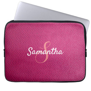 Personalised Monogram and Name Pink Leather Laptop Sleeve
