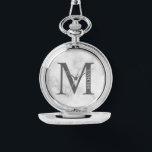 Personalised Monogram and Name Pocket Watch<br><div class="desc">Personalised Monogram and Name Gift features personalised monogram and name in classic serif font style. Perfect as father's day gifts for dad, gifts for groomsmen and for any special occasions. Please note: The marble details are simulated in the artwork. No actual marble will be used in the making of this...</div>