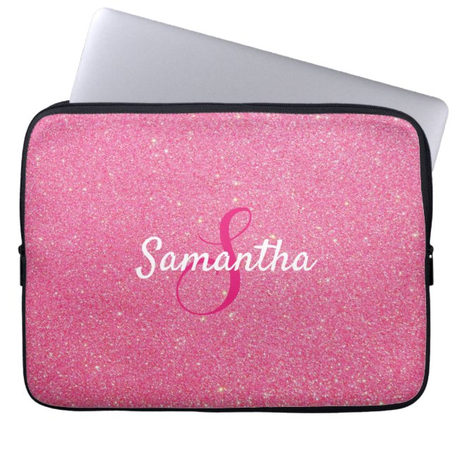 Personalised Monogram and Name Rose Pink Glitter  Laptop Sleeve (Front)