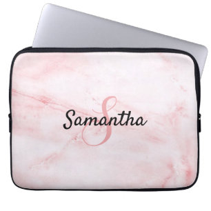 Personalised Monogram and Name Rose Pink Marble Laptop Sleeve