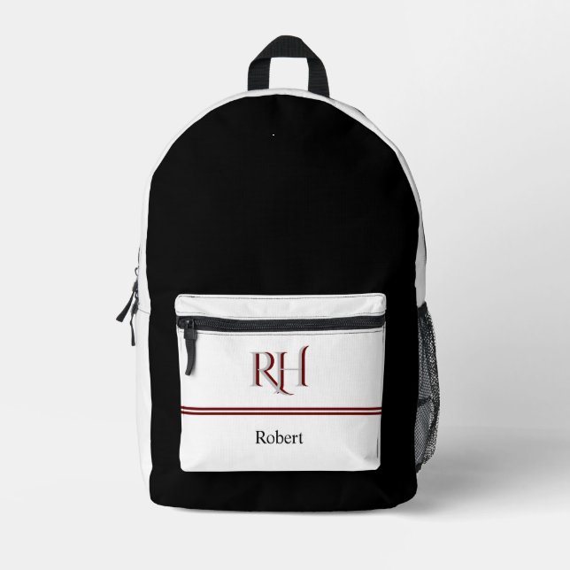 Personalised Monogram and Name White Grey Red Printed Backpack (Front)