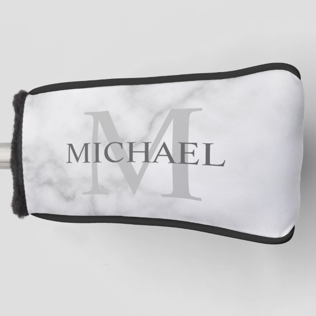 Personalised Monogram and Name White Marble Golf Head Cover (Front)