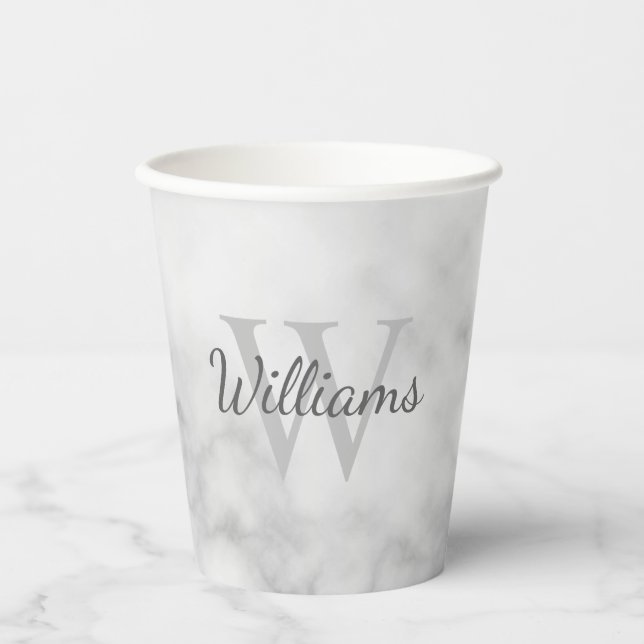 Personalised Monogram and Name White Marble Paper Cups (Front)
