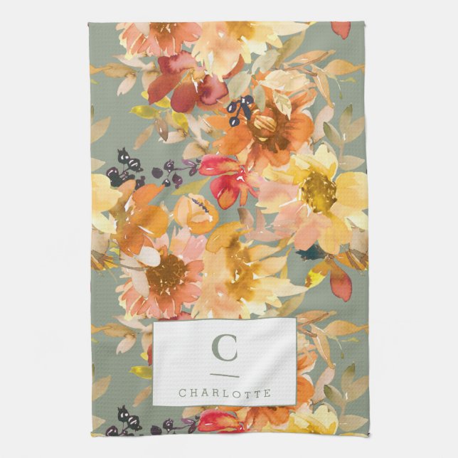 Personalised Monogram Autumn Fall Floral Earthy Tea Towel (Vertical)