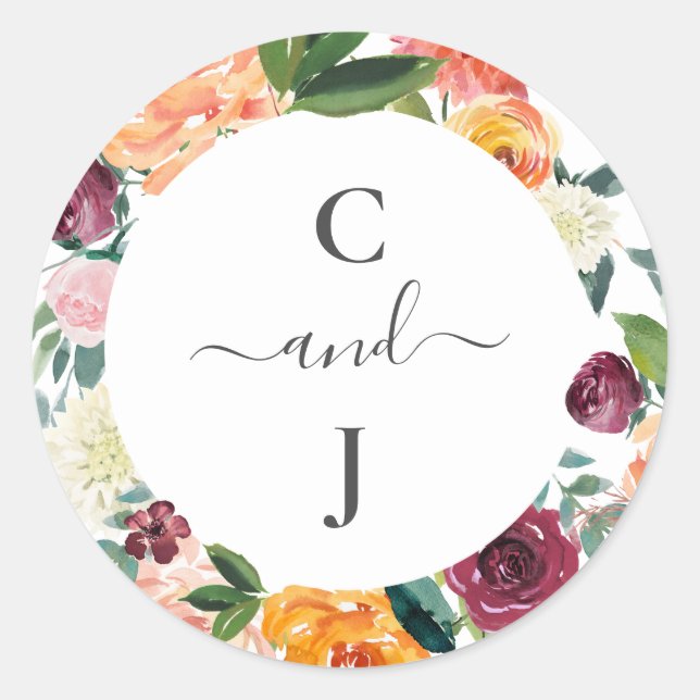 Personalised Monogram Autumn Wedding Classic Round Sticker (Front)