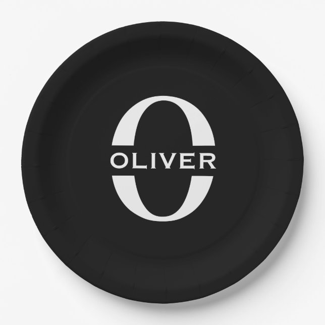 Personalised Monogram Black And White Name Paper Plate (Front)