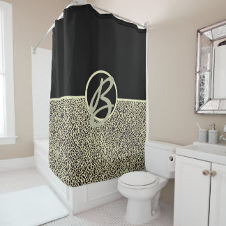 Personalised Monogram Black Cream Leopard Shower Curtain