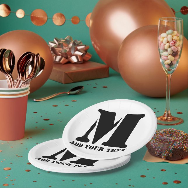 Personalised Monogram Black Custom Modern Text Paper Plate (Multi)