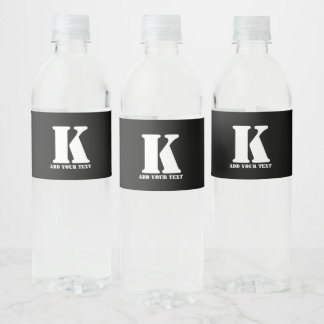 Personalised Monogram Black Custom Modern Text Water Bottle Label