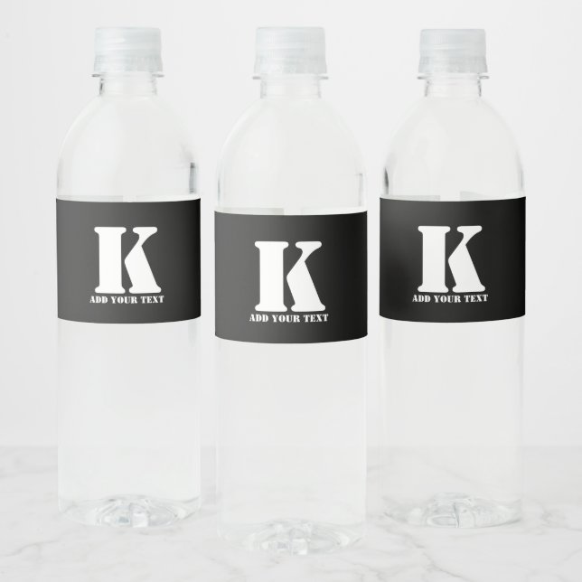 Personalised Monogram Black Custom Modern Text Water Bottle Label (Bottles)