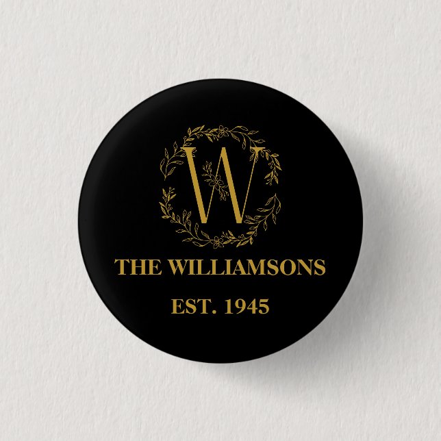 Personalised Monogram Black & Gold Family Initial 3 Cm Round Badge (Front)