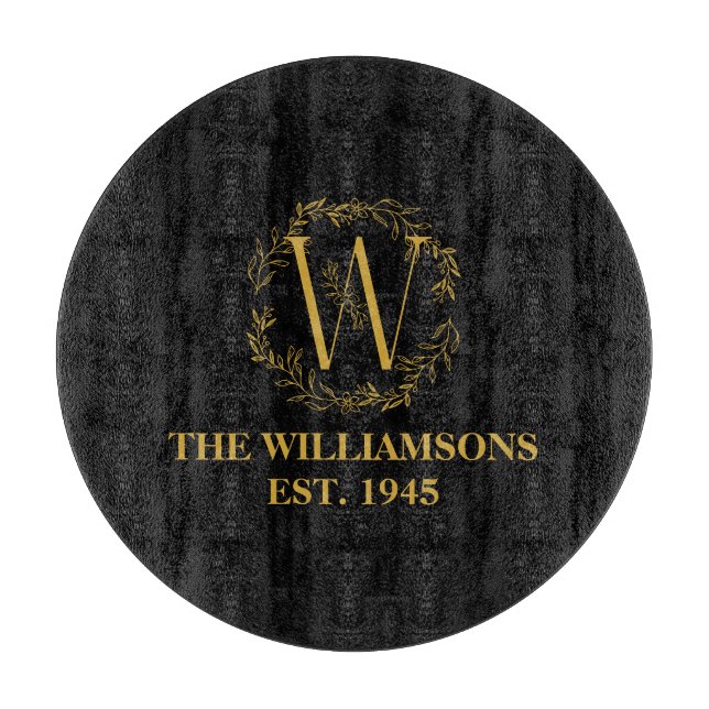 Personalised Monogram Black & Gold Family Initial Cutting Board (Front)