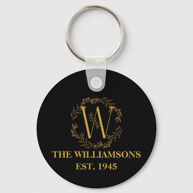 Personalised Monogram Black & Gold Family Initial Key Ring (Front)