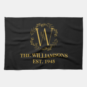 Personalised Monogram Black & Gold Family Initial Tea Towel