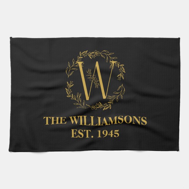 Personalised Monogram Black & Gold Family Initial Tea Towel (Horizontal)