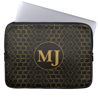 Personalised Monogram Black & Gold Geometric Gift Laptop Sleeve