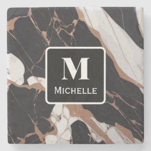Personalised Monogram Black & Gold Marble Stone Coaster