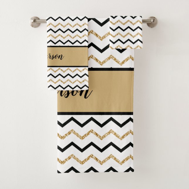 Personalised Monogram Black Gold White Chevron Bath Towel Set (Insitu)