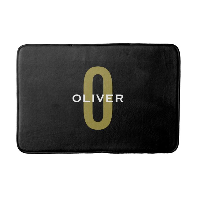 Personalised Monogram Black Gold White Name Bath Mat (Front)