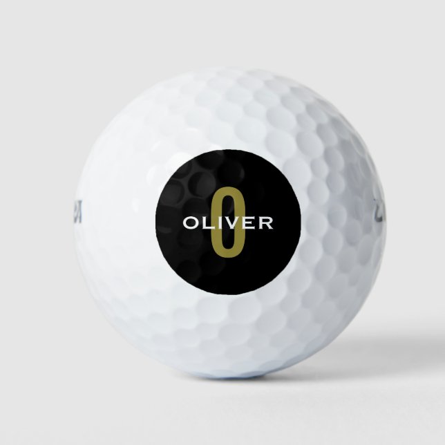 Personalised Monogram Black Gold White Name Golf Balls (Front)